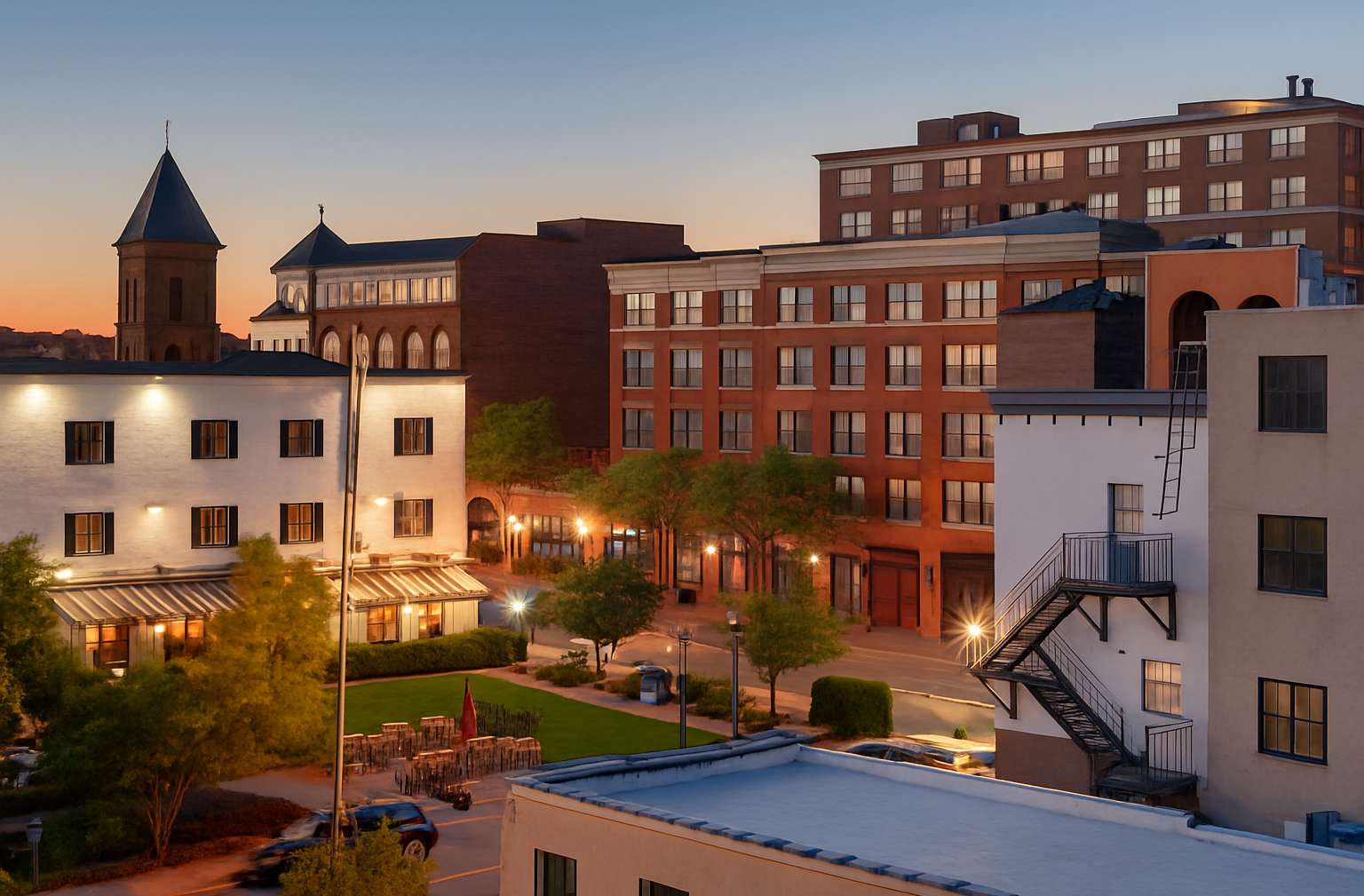 Two women sitting at a modern table talking with a city view behind them.