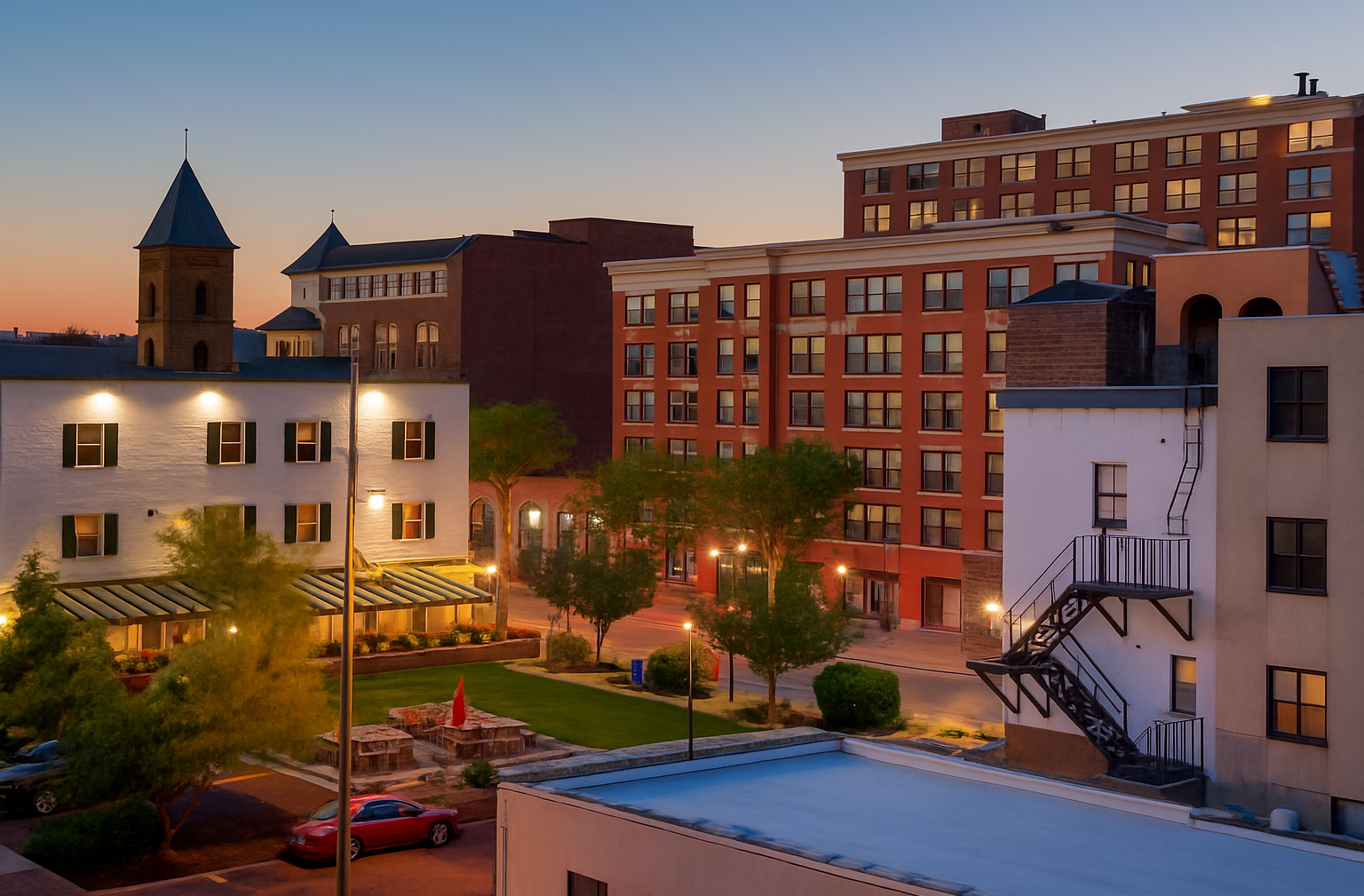 Two women sitting at a modern table talking with a city view behind them.